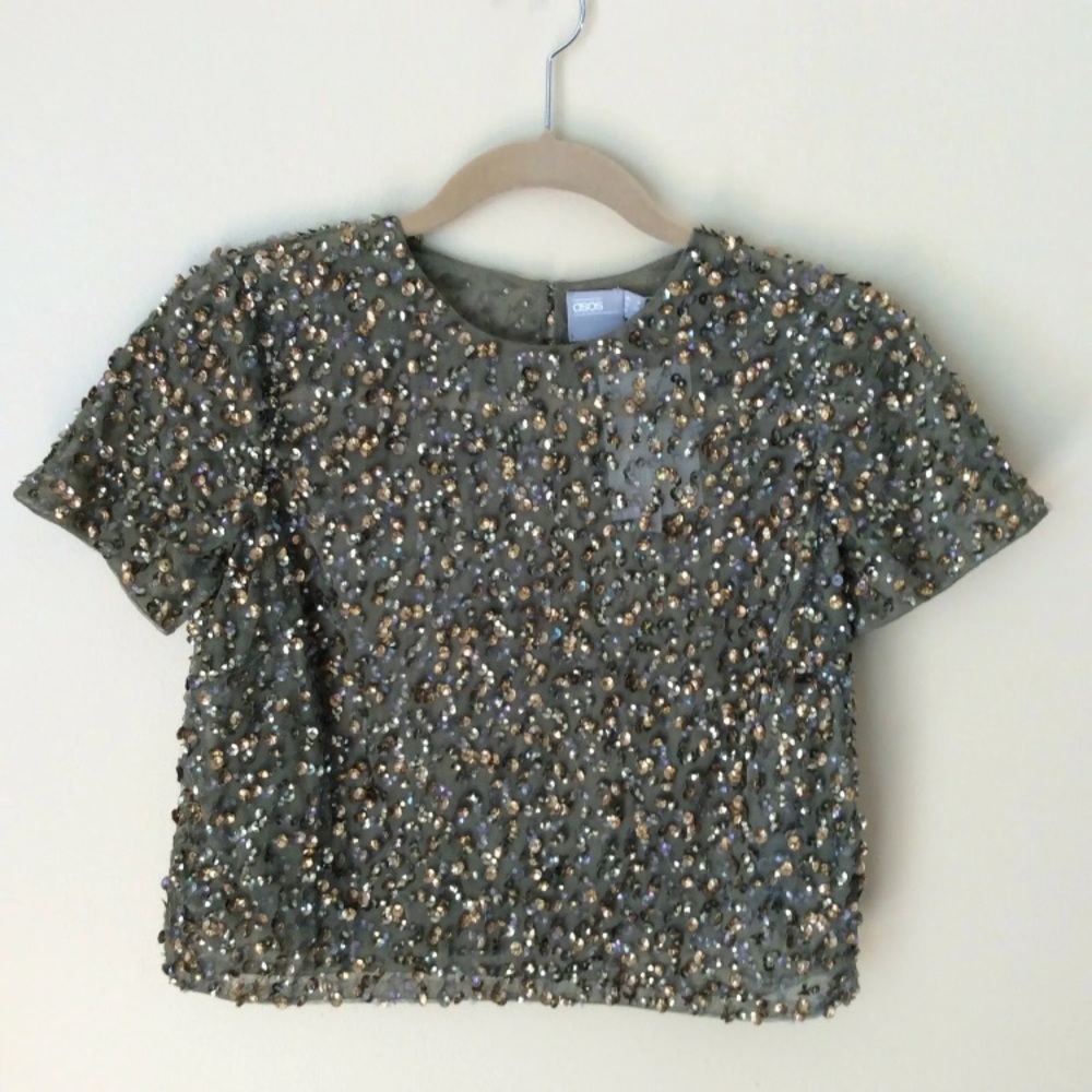NWT ASOS Sequin  T-shirt  4 Petite Khaki Green